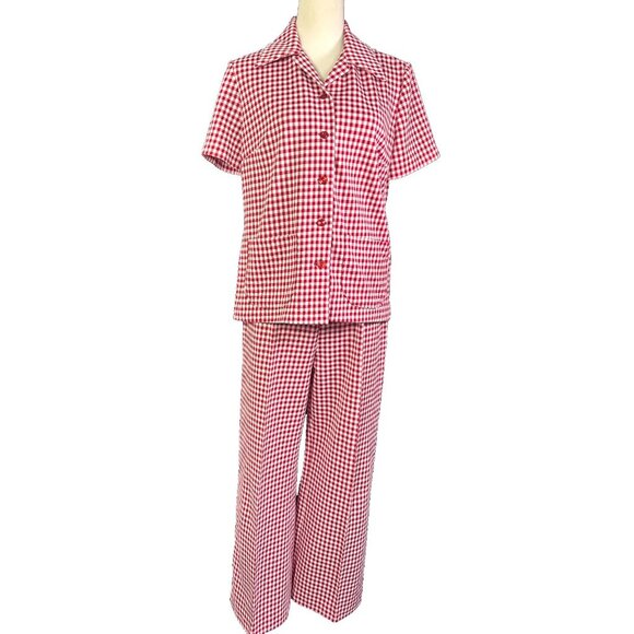 Vintage 60s 70s Women's Gingham Classic Check Leisure Suit Mod Disco Pant Set - Picture 1 of 10